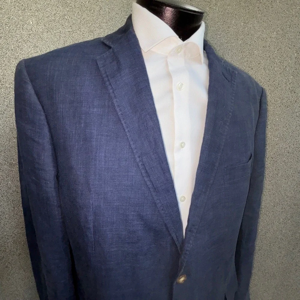 Alan Flusser Linen Blazer Mens 46 L Blue Paisley Lining Coastal Beach Wedding